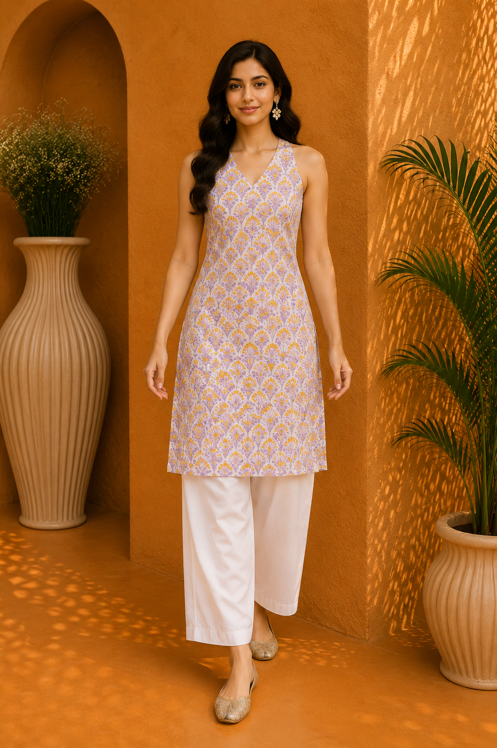Printed Cotton Halter Neck Kurta & Straight Palazzo Set – Golden Lavender