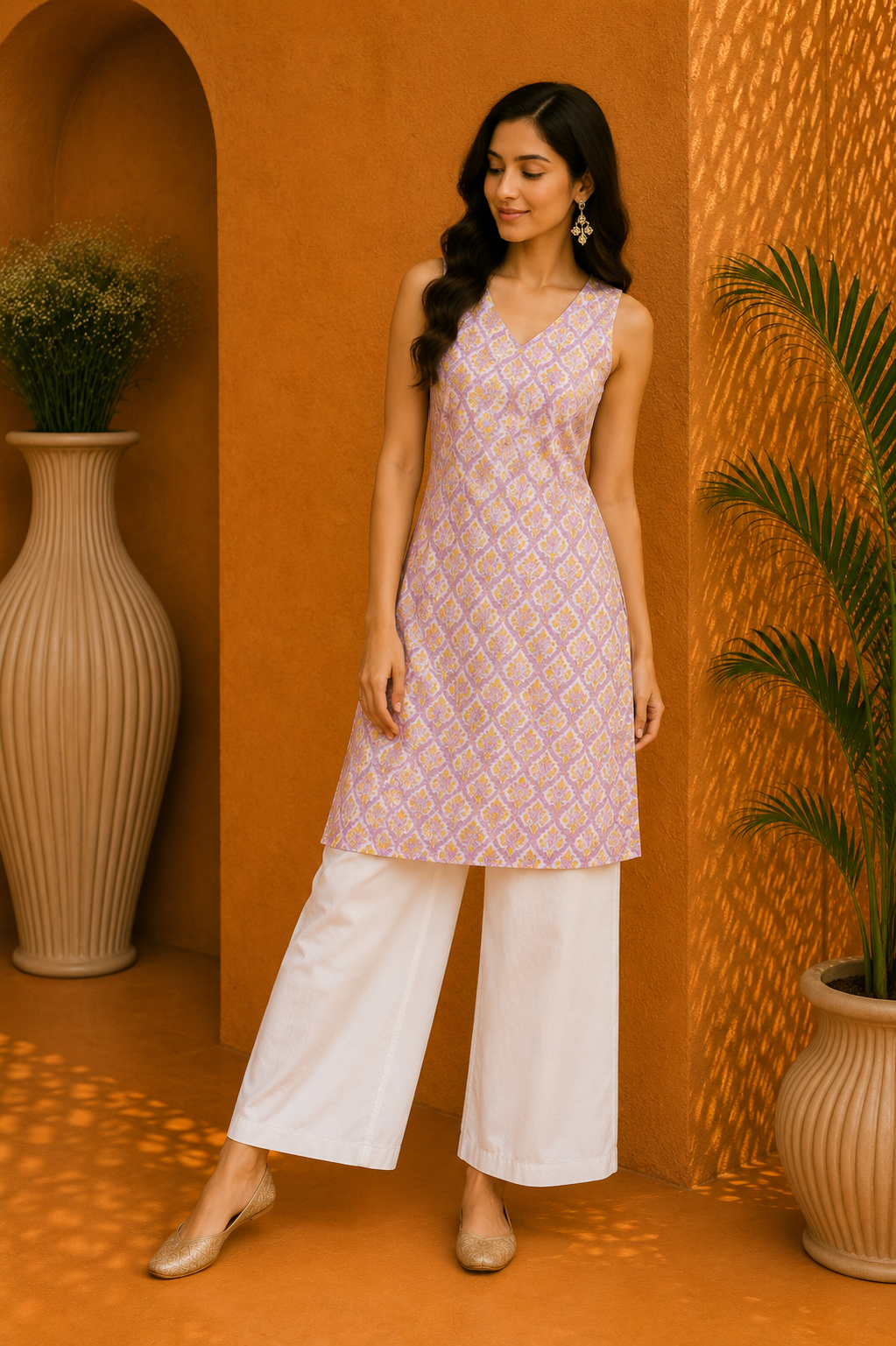 Printed Cotton Halter Neck Kurta & Straight Palazzo Set – Golden Lavender