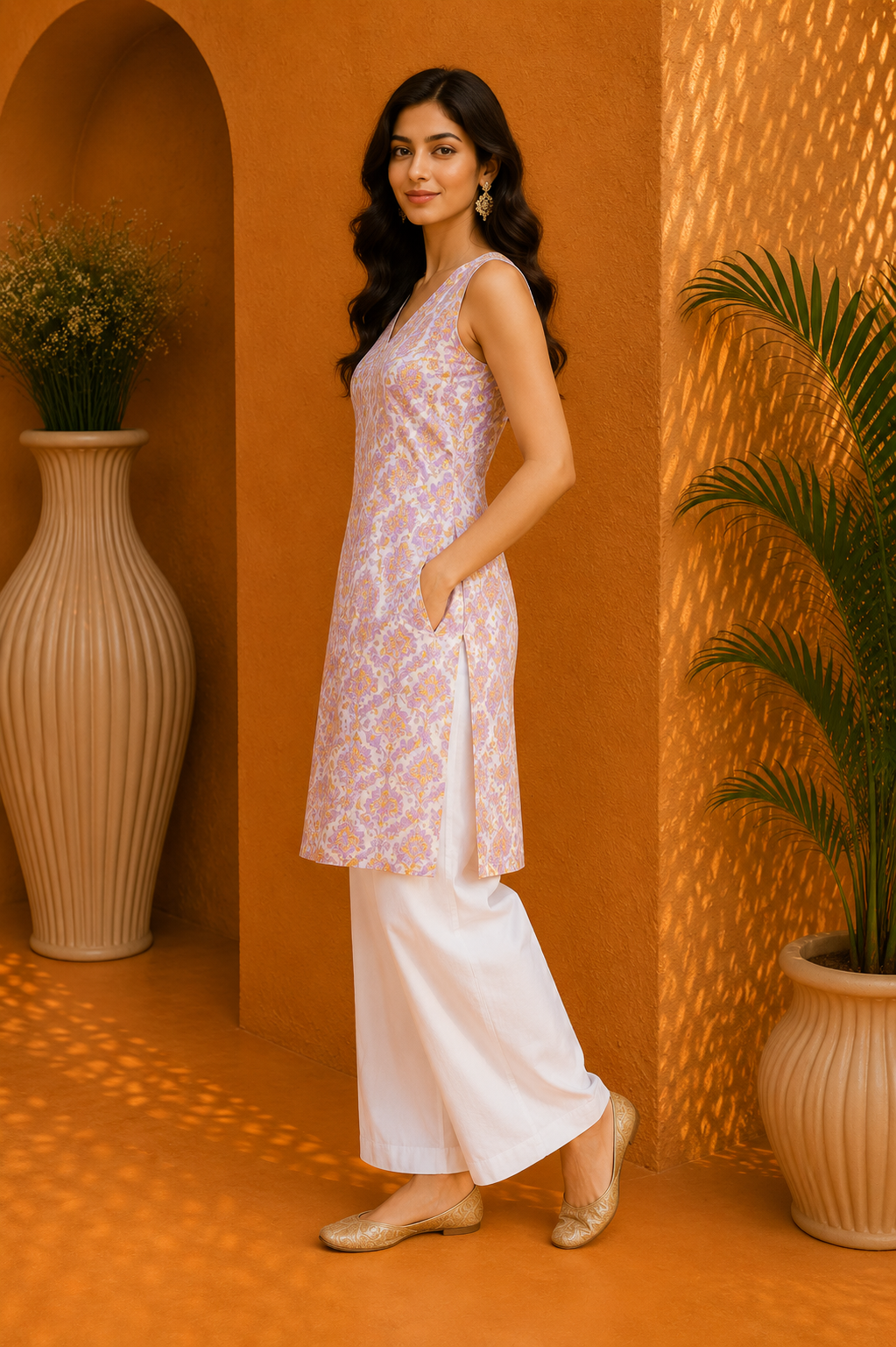 Printed Cotton Halter Neck Kurta & Straight Palazzo Set – Golden Lavender