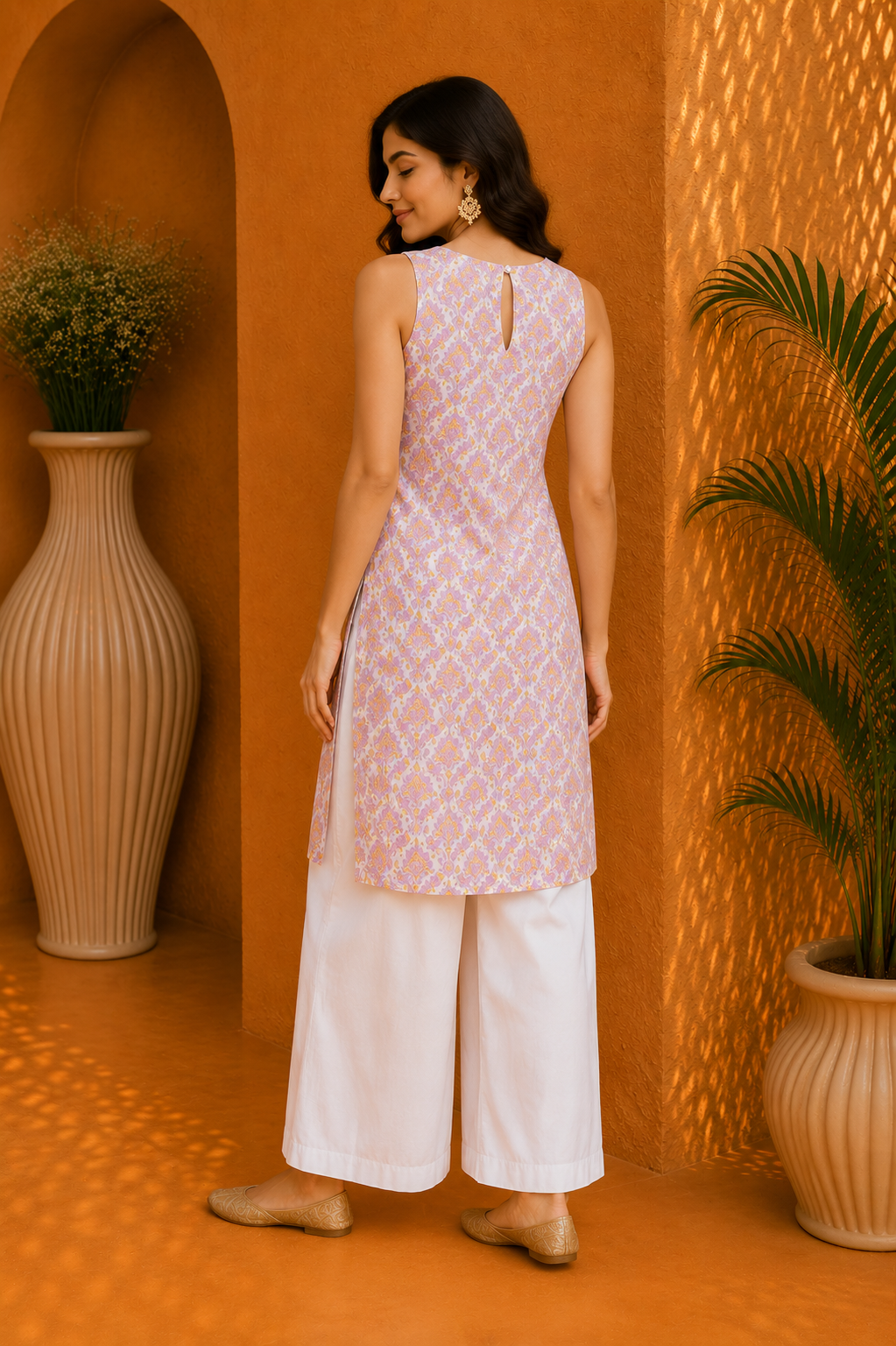 Printed Cotton Halter Neck Kurta & Straight Palazzo Set – Golden Lavender