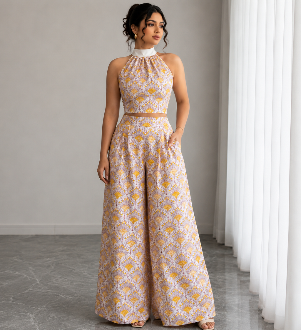 Floral Halter Neck Co-Ord Set – Mustard Bloom