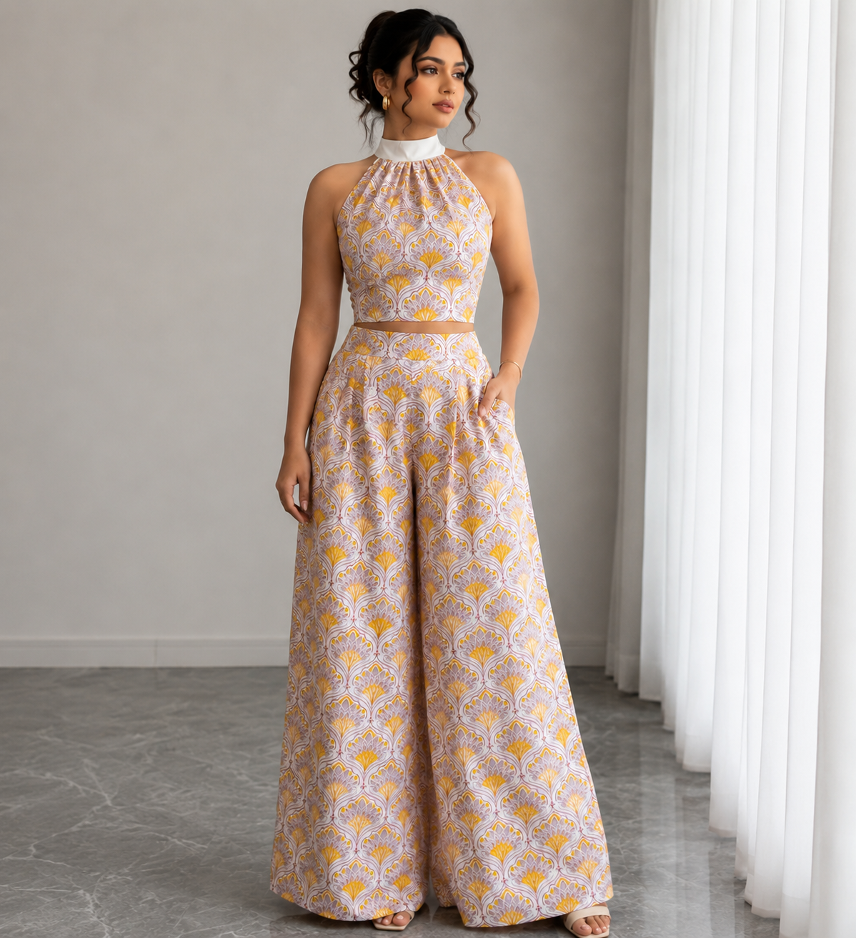 Floral Halter Neck Co-Ord Set – Mustard Bloom