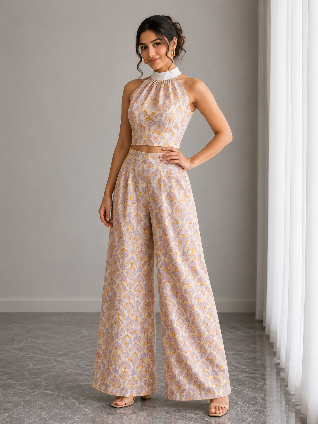 Floral Halter Neck Co-Ord Set – Mustard Bloom