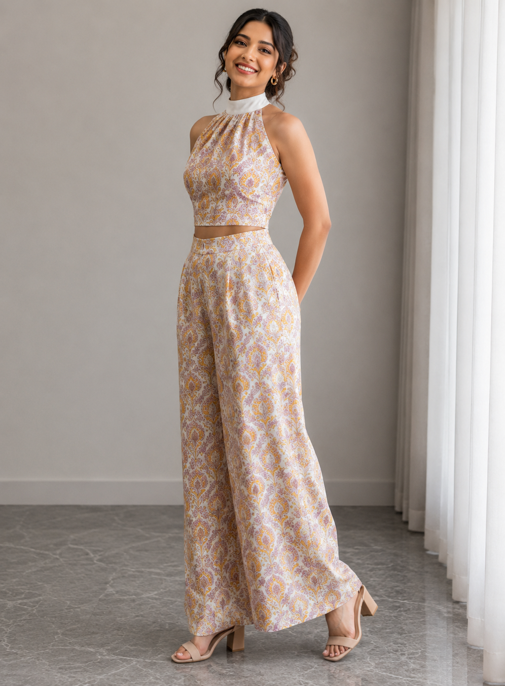 Floral Halter Neck Co-Ord Set – Mustard Bloom