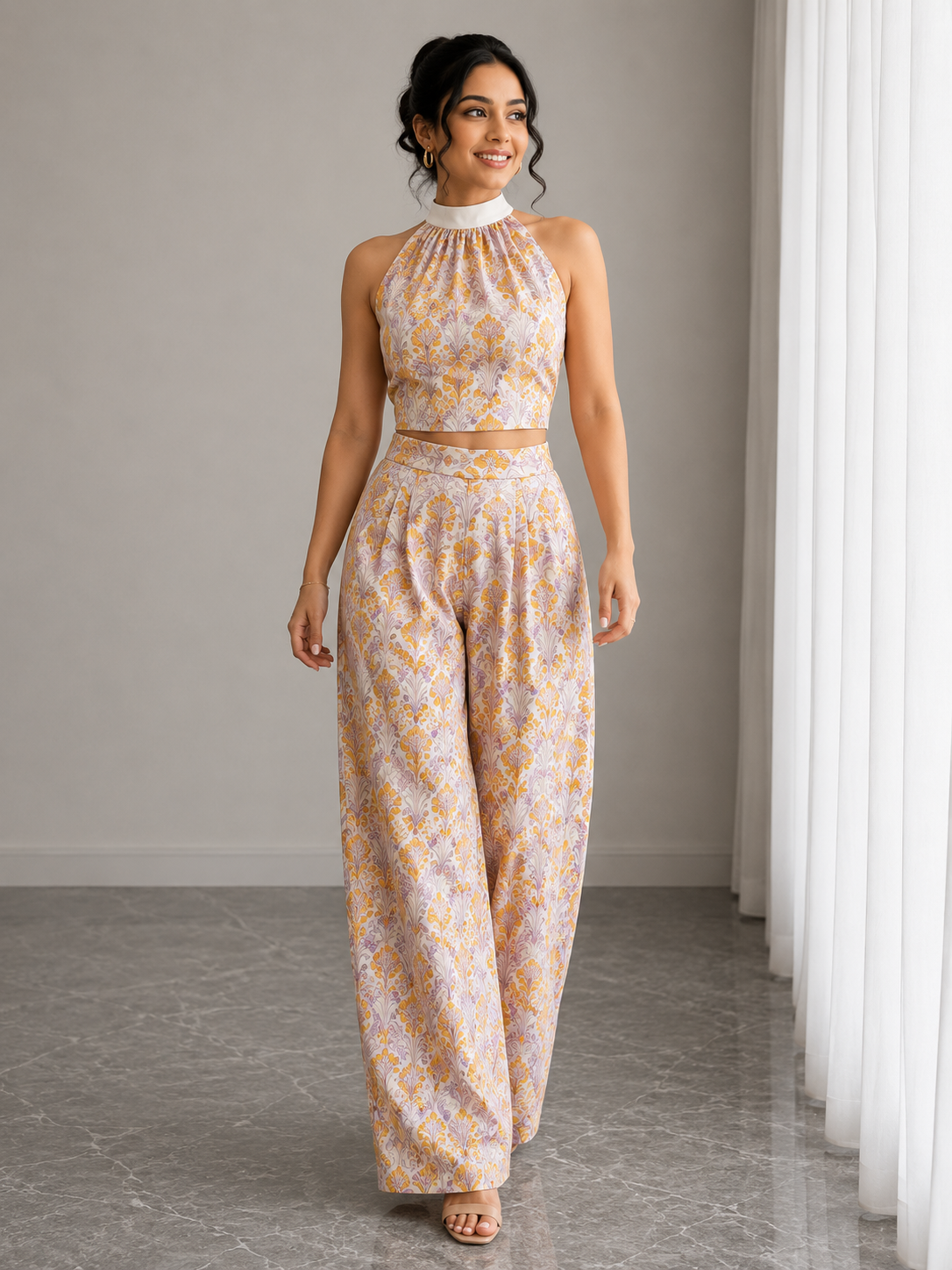 Floral Halter Neck Co-Ord Set – Mustard Bloom