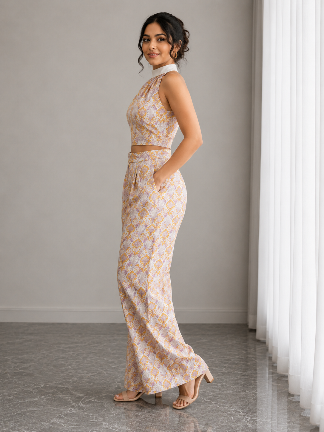 Floral Halter Neck Co-Ord Set – Mustard Bloom