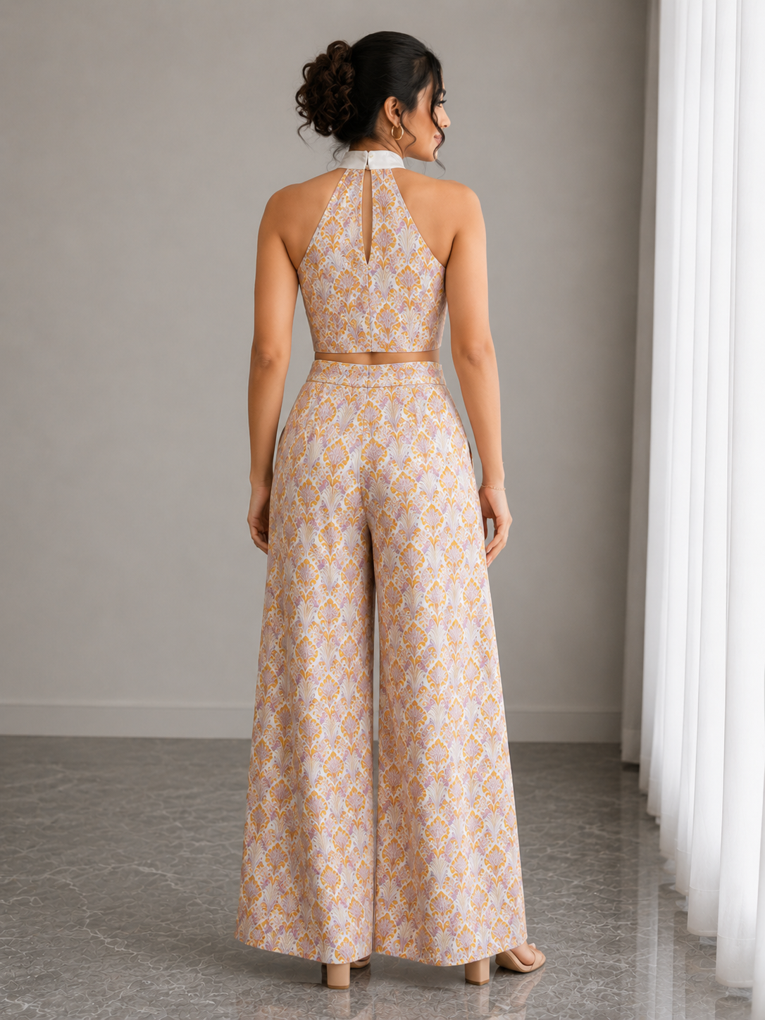 Floral Halter Neck Co-Ord Set – Mustard Bloom