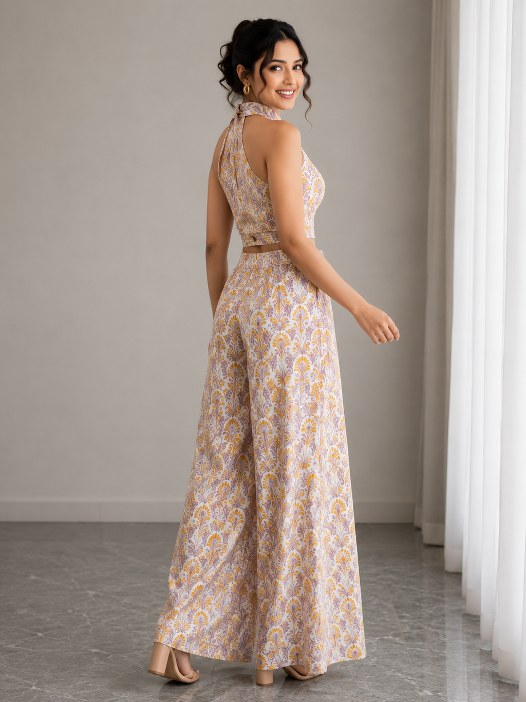 Floral Halter Neck Co-Ord Set – Mustard Bloom