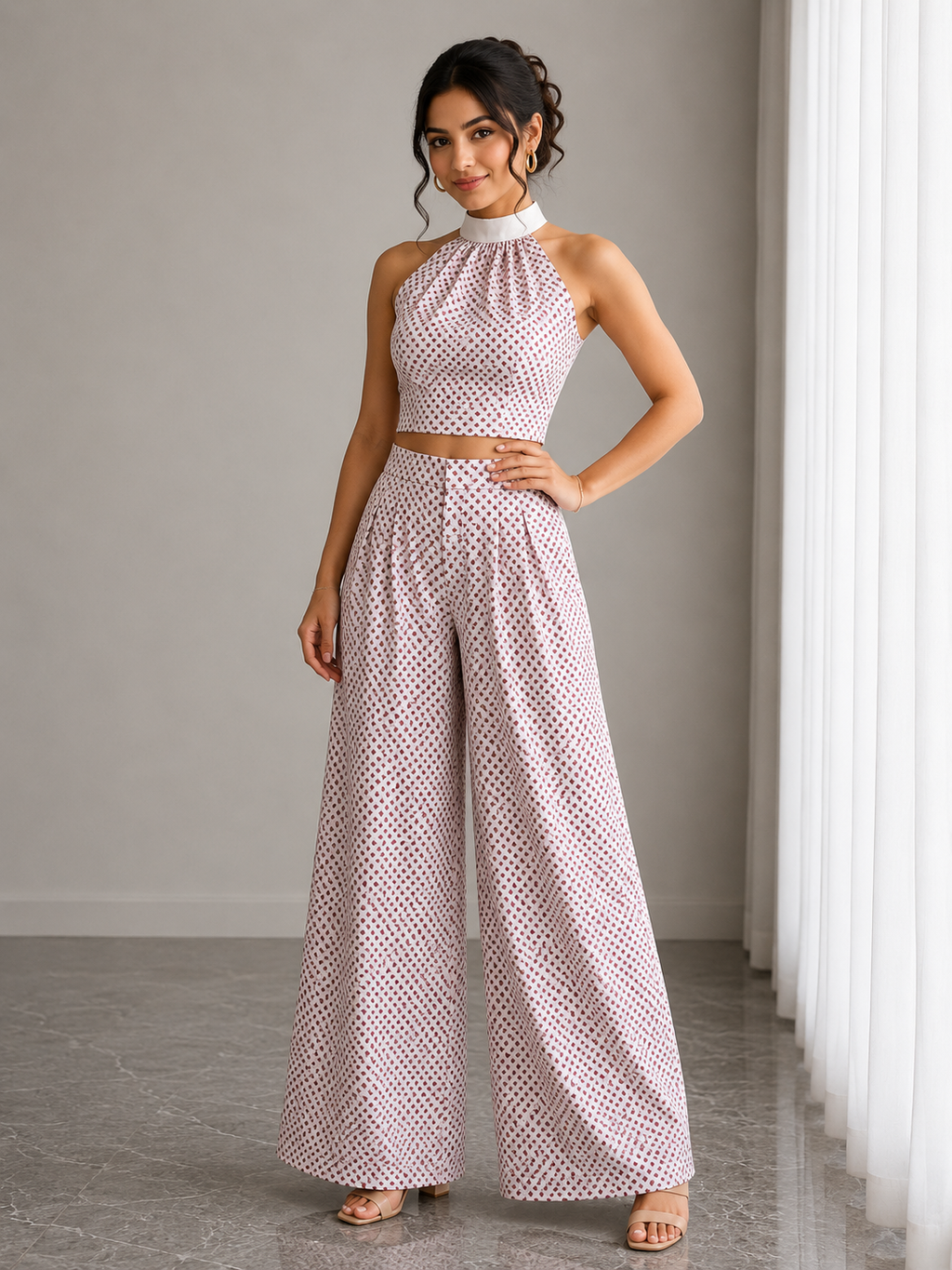 Hand Block Print Halter Neck Co-Ord Set – Burgundy Dot