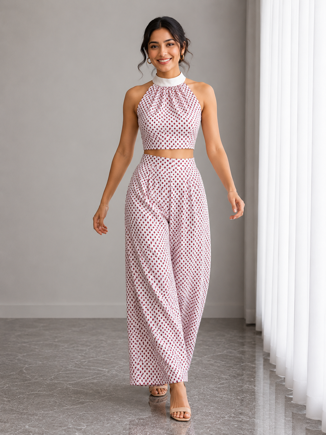 Hand Block Print Halter Neck Co-Ord Set – Burgundy Dot