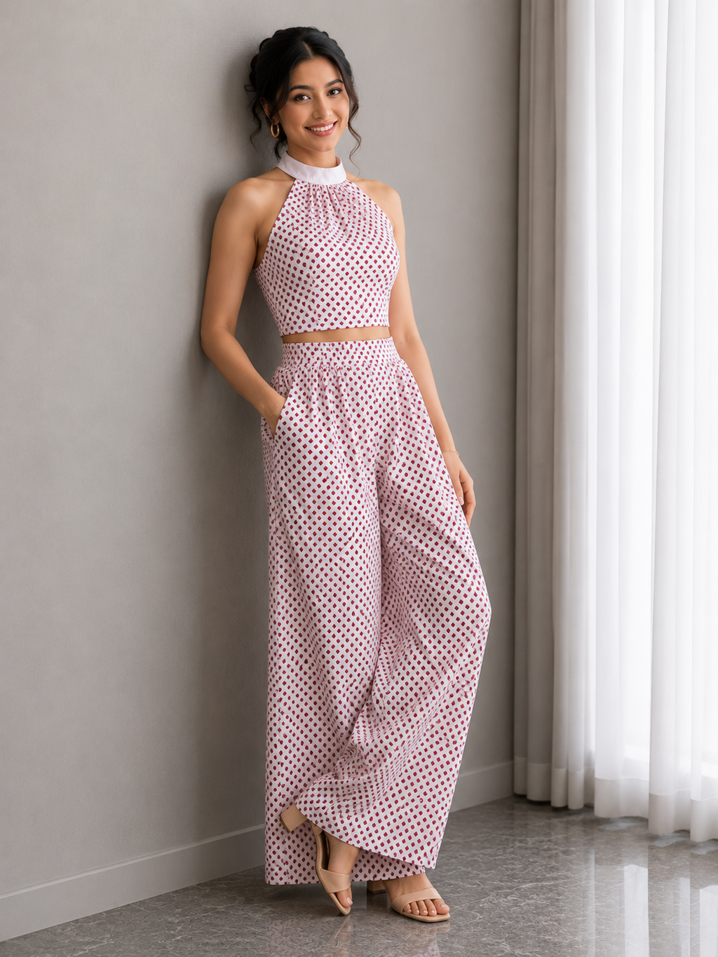 Hand Block Print Halter Neck Co-Ord Set – Burgundy Dot
