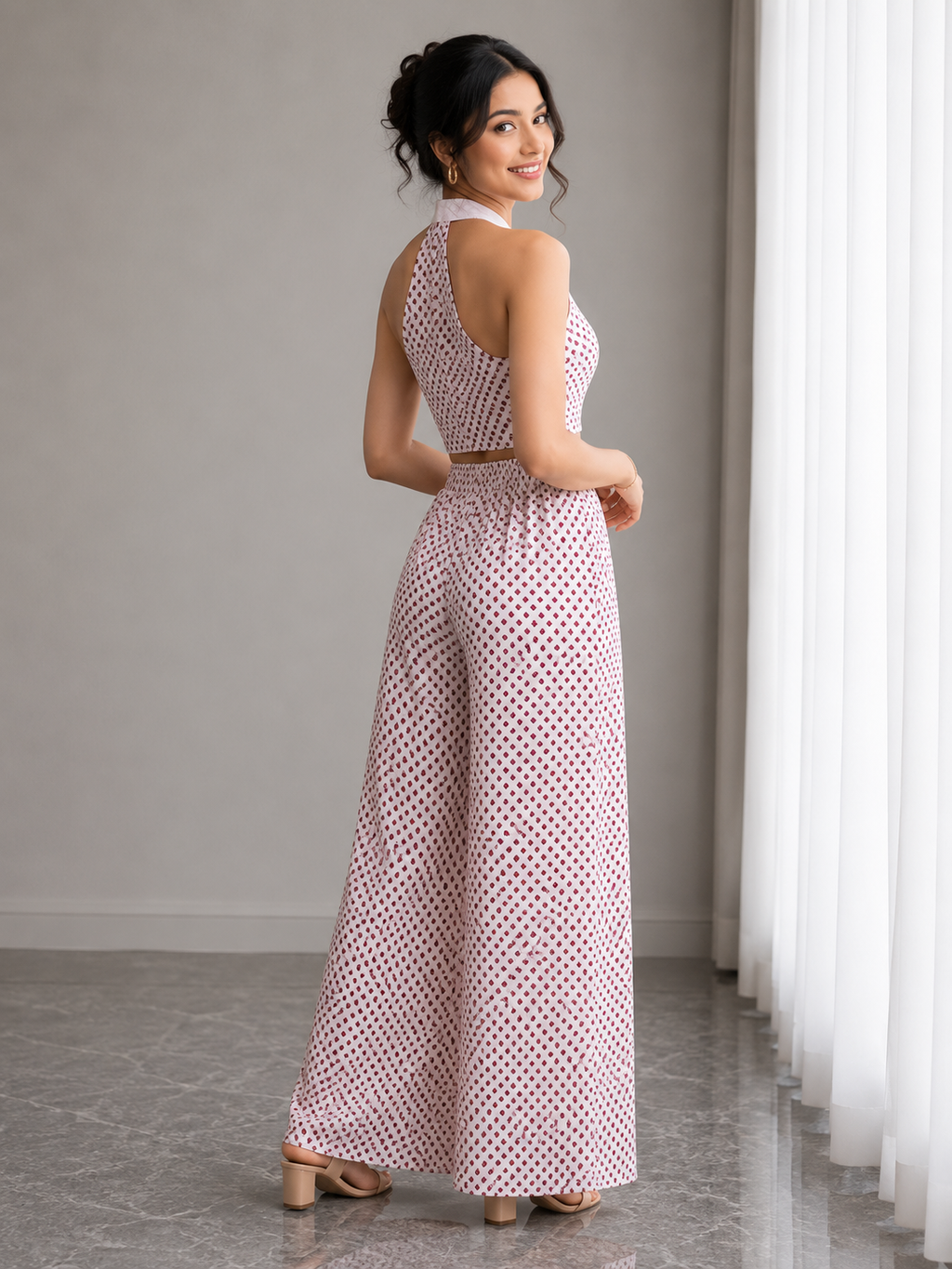 Hand Block Print Halter Neck Co-Ord Set – Burgundy Dot