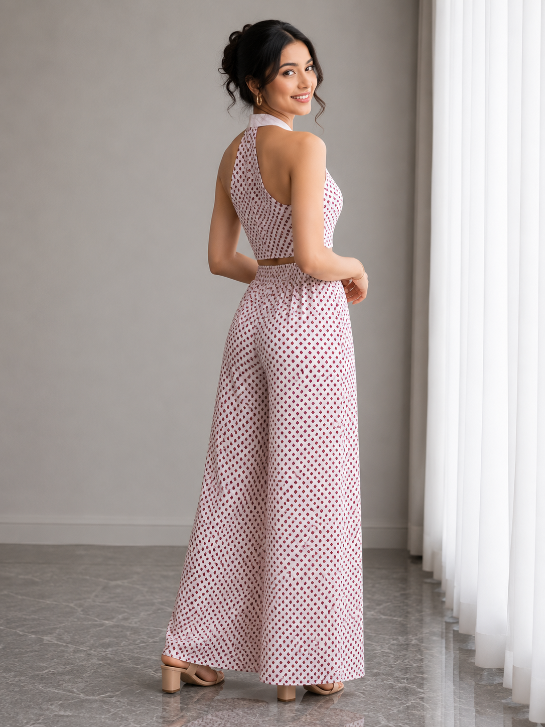 Hand Block Print Halter Neck Co-Ord Set – Burgundy Dot