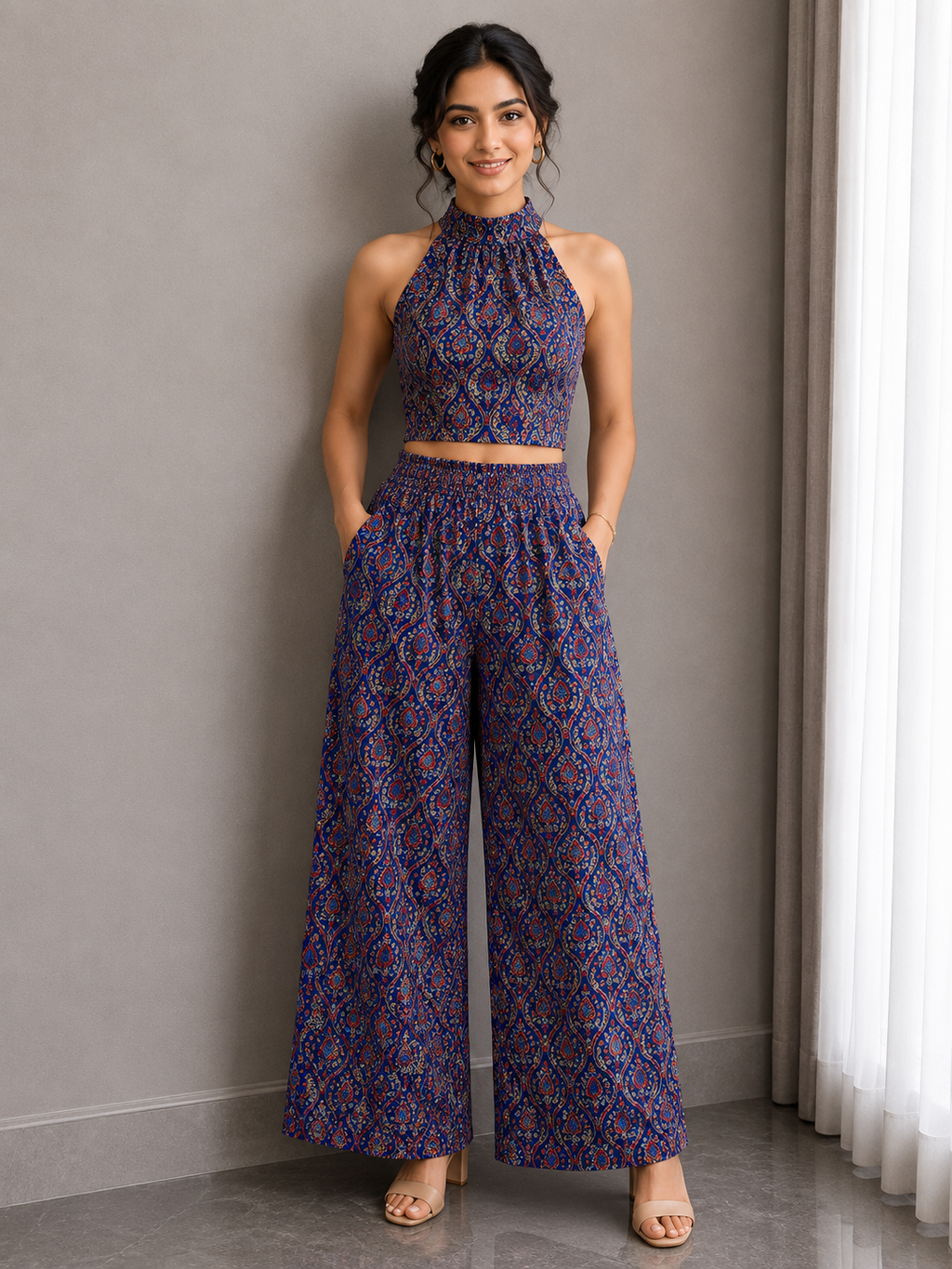 Ajrakh Hand Block Halter Neck Co-Ord Set – Indigo Heritage
