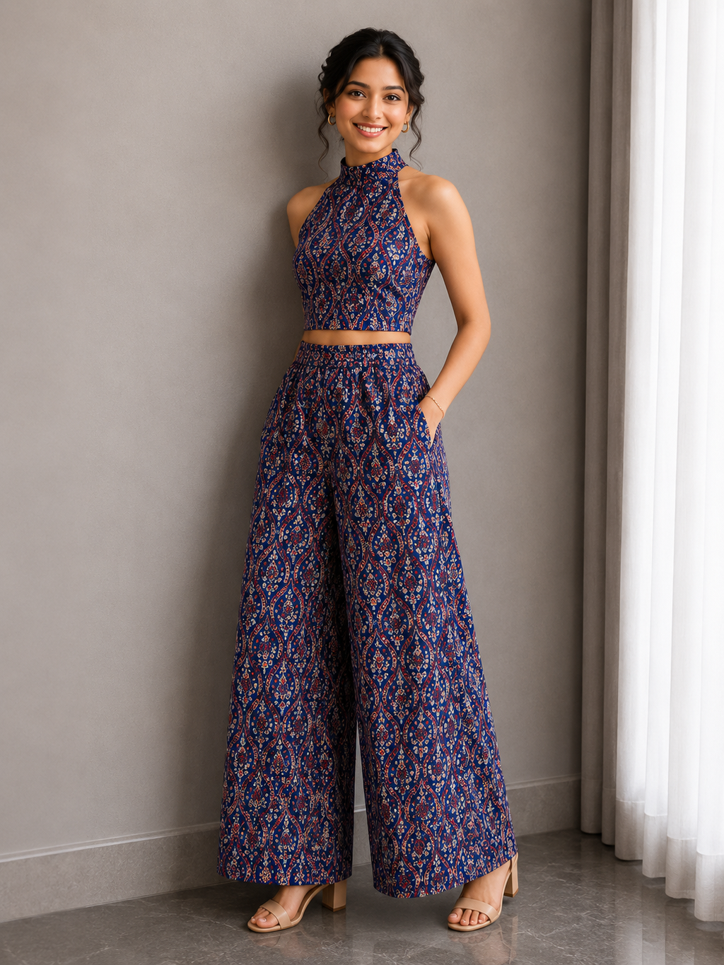 Ajrakh Hand Block Halter Neck Co-Ord Set – Indigo Heritage