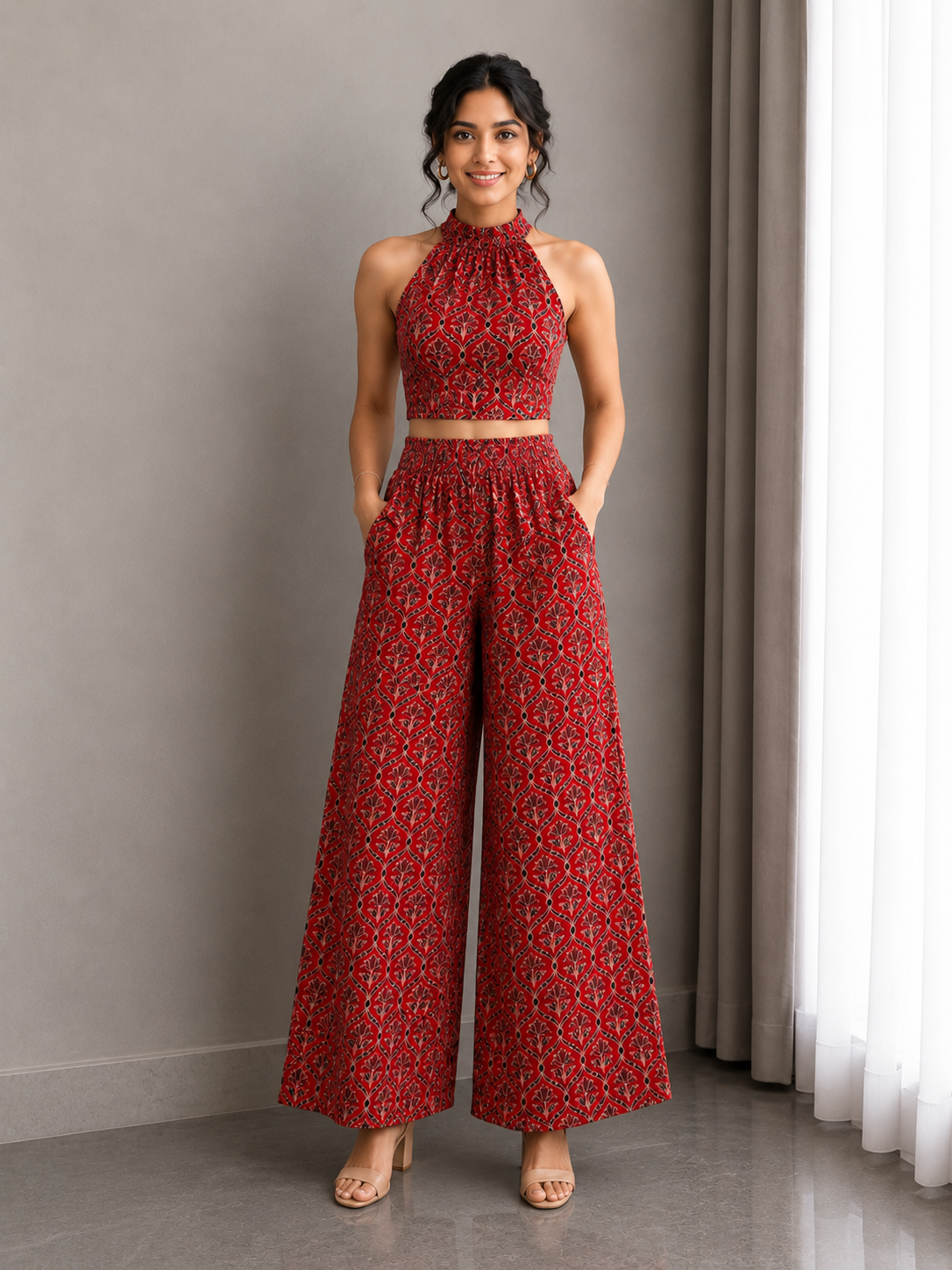 Ajrakh Hand Block Halter Neck Co-Ord Set – Crimson Heritage