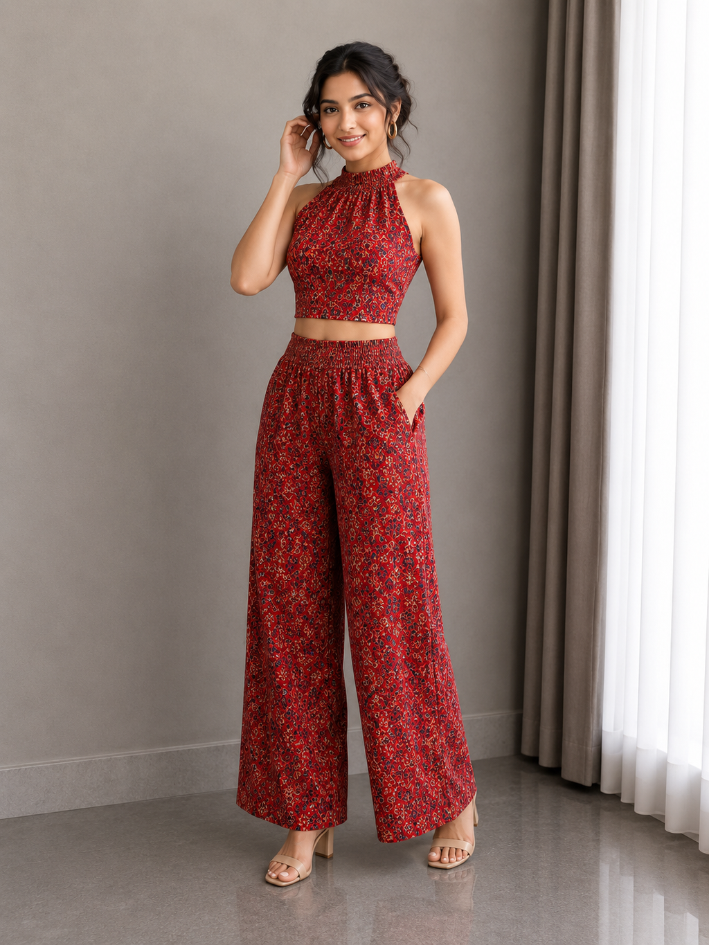 Ajrakh Hand Block Halter Neck Co-Ord Set – Crimson Heritage