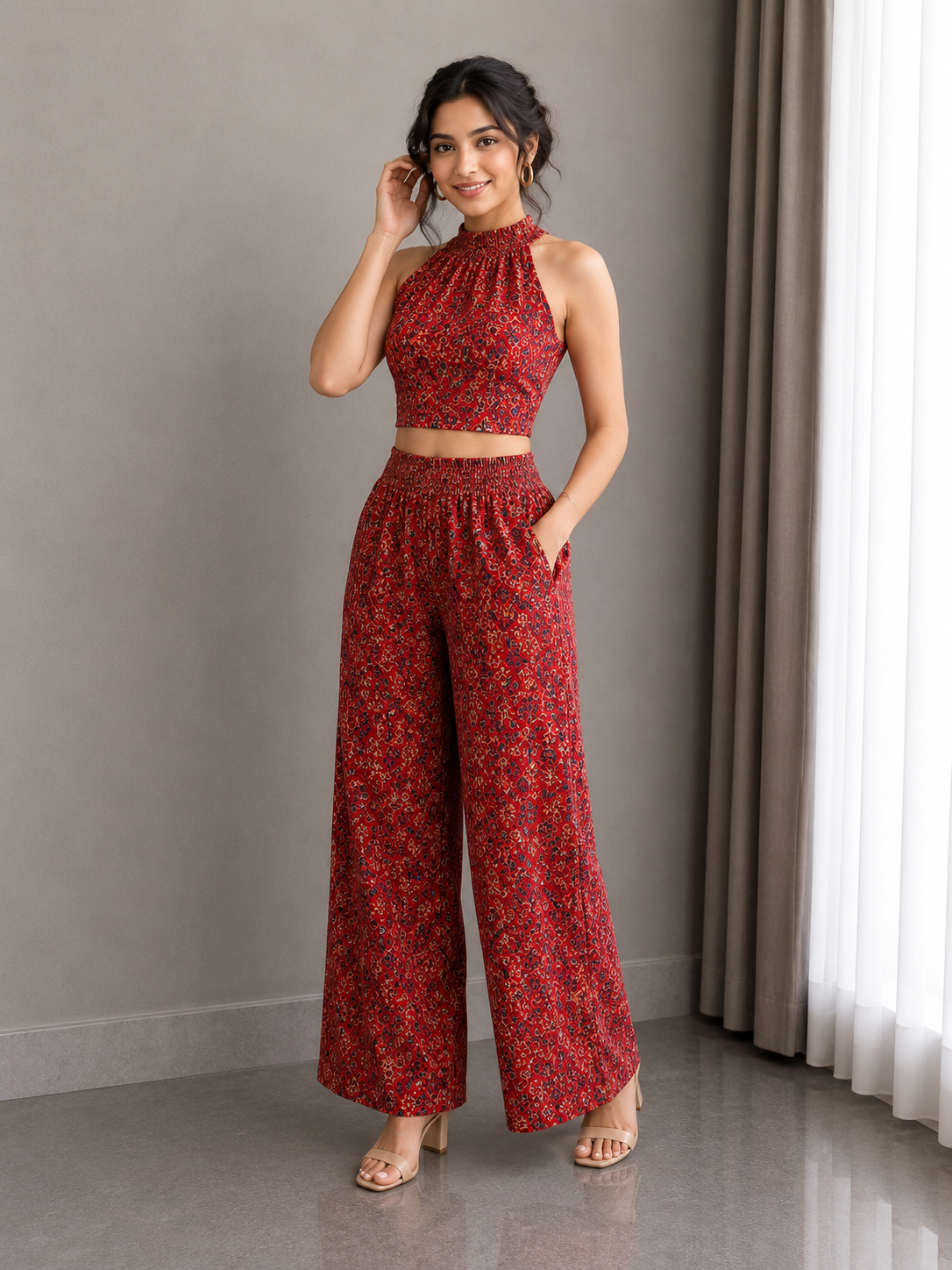 Ajrakh Hand Block Halter Neck Co-Ord Set – Crimson Heritage