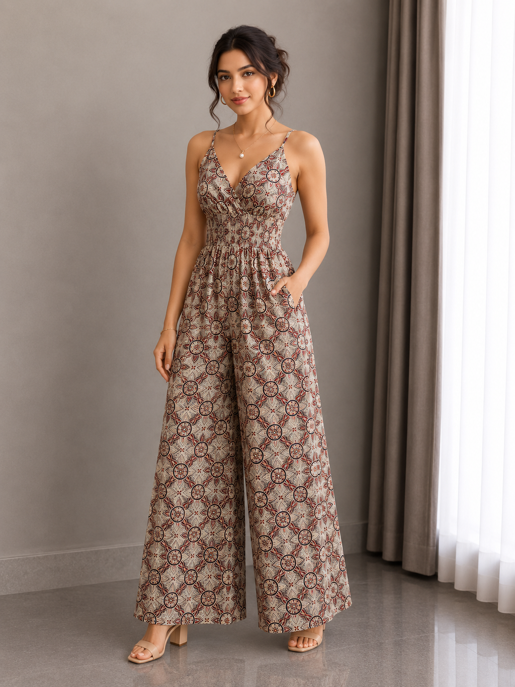 Heritage Print Smocked Wide-Leg Jumpsuit – Sandstone Mosaic