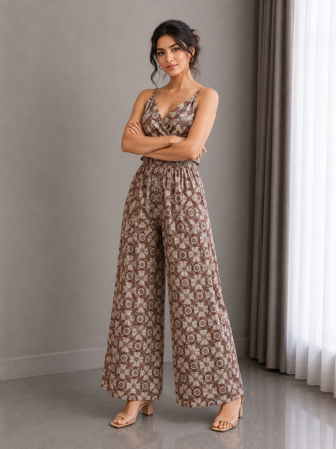 Heritage Print Smocked Wide-Leg Jumpsuit – Sandstone Mosaic