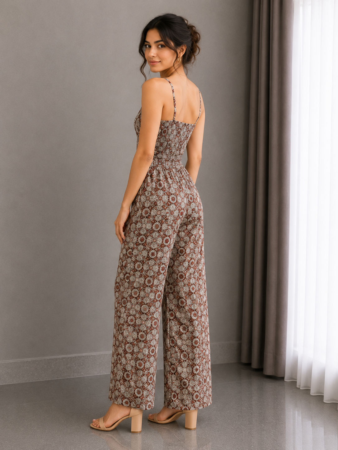 Heritage Print Smocked Wide-Leg Jumpsuit – Sandstone Mosaic