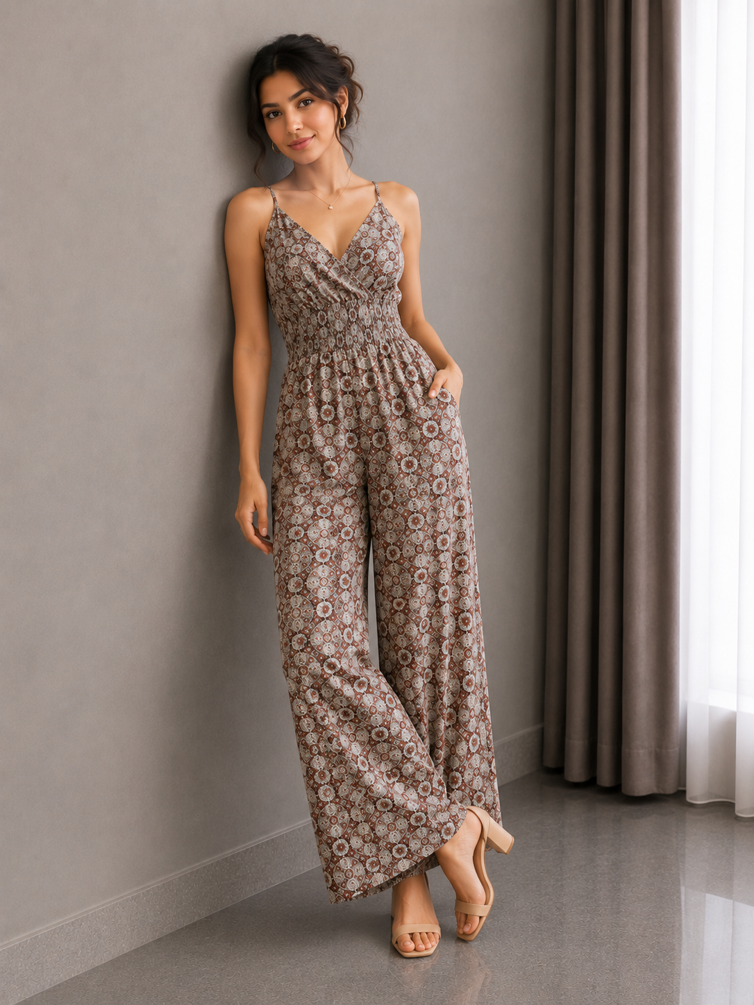 Heritage Print Smocked Wide-Leg Jumpsuit – Sandstone Mosaic