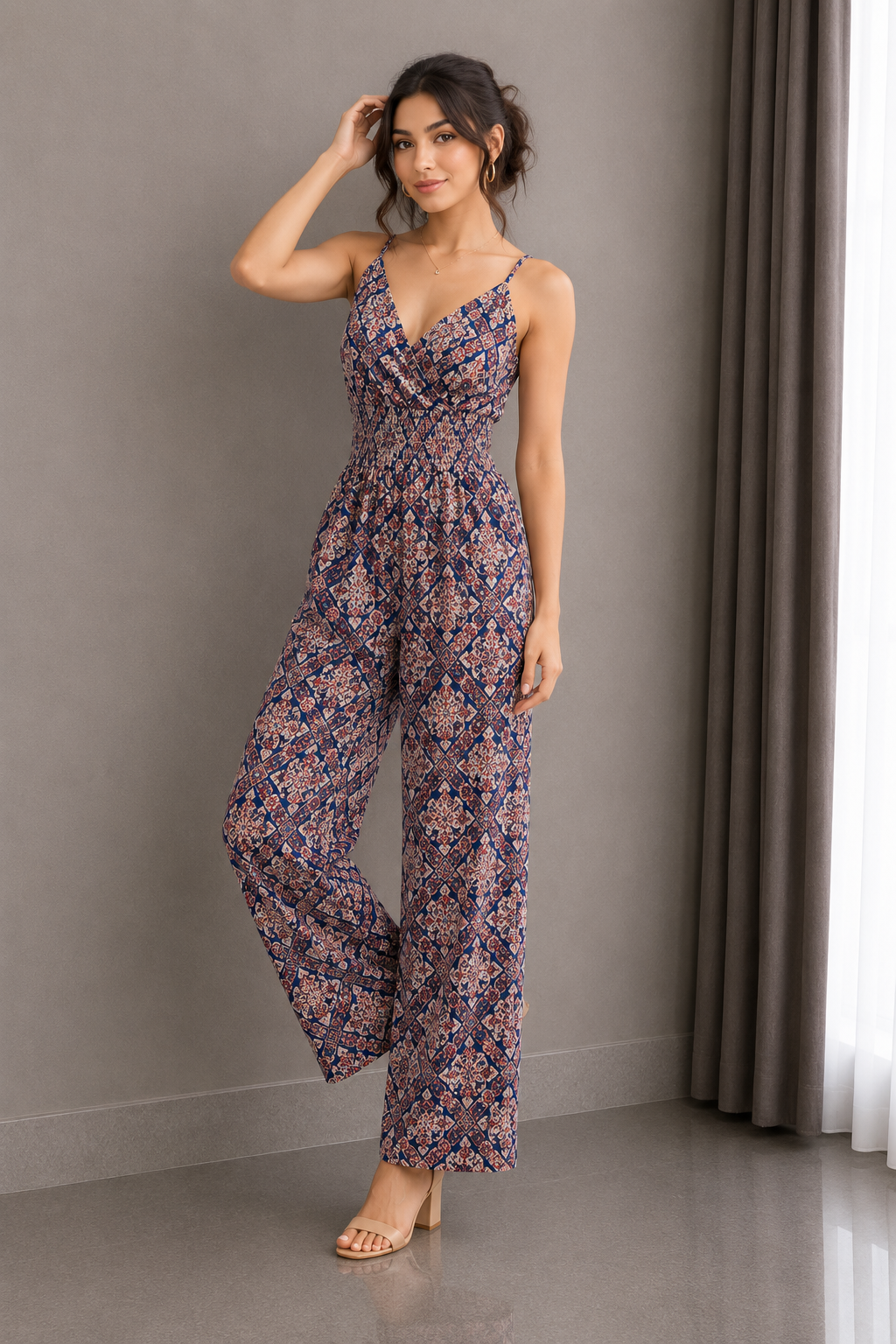 Ajrakh Mosaic Smocked Wide-Leg Jumpsuit – Midnight Indigo