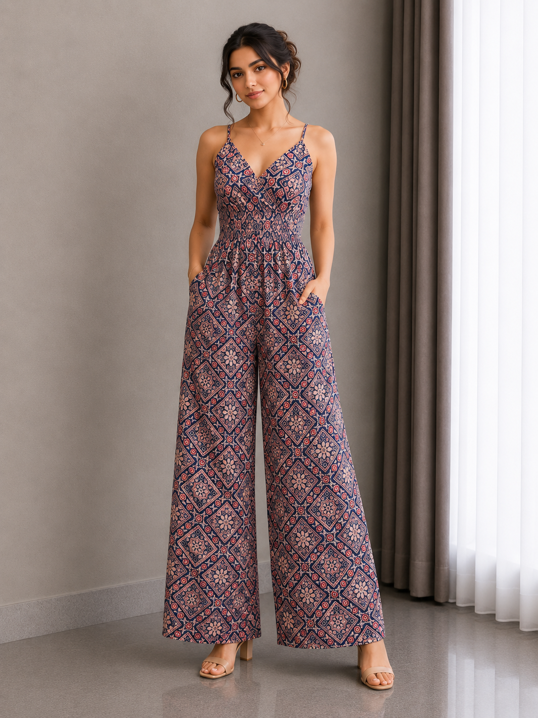 Ajrakh Mosaic Smocked Wide-Leg Jumpsuit – Midnight Indigo