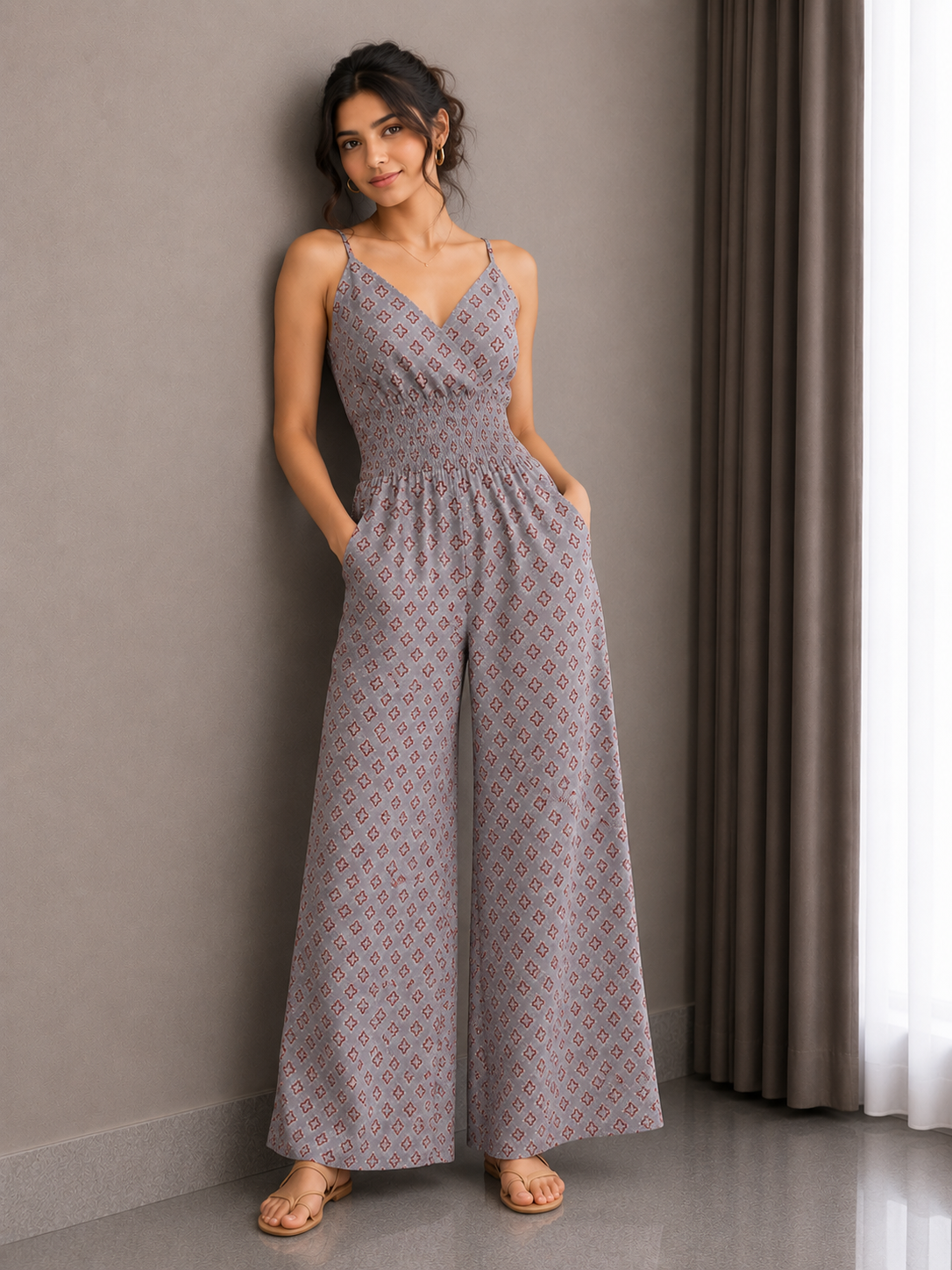 Smocked Wide-Leg Cotton Jumpsuit – Dusty Grey Floral
