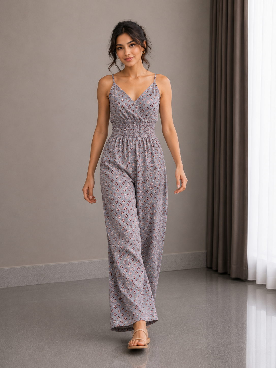 Smocked Wide-Leg Cotton Jumpsuit – Dusty Grey Floral