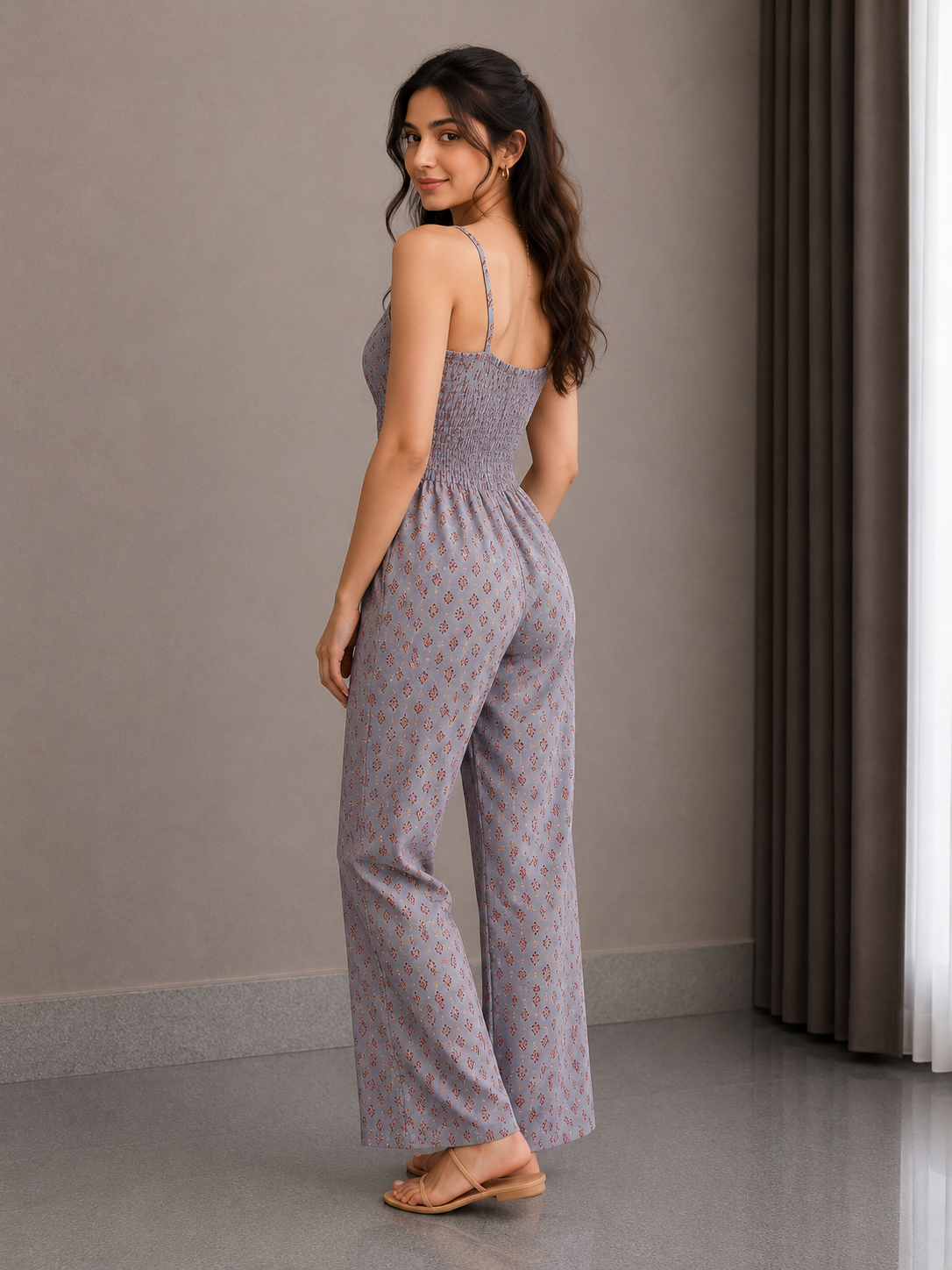 Smocked Wide-Leg Cotton Jumpsuit – Dusty Grey Floral