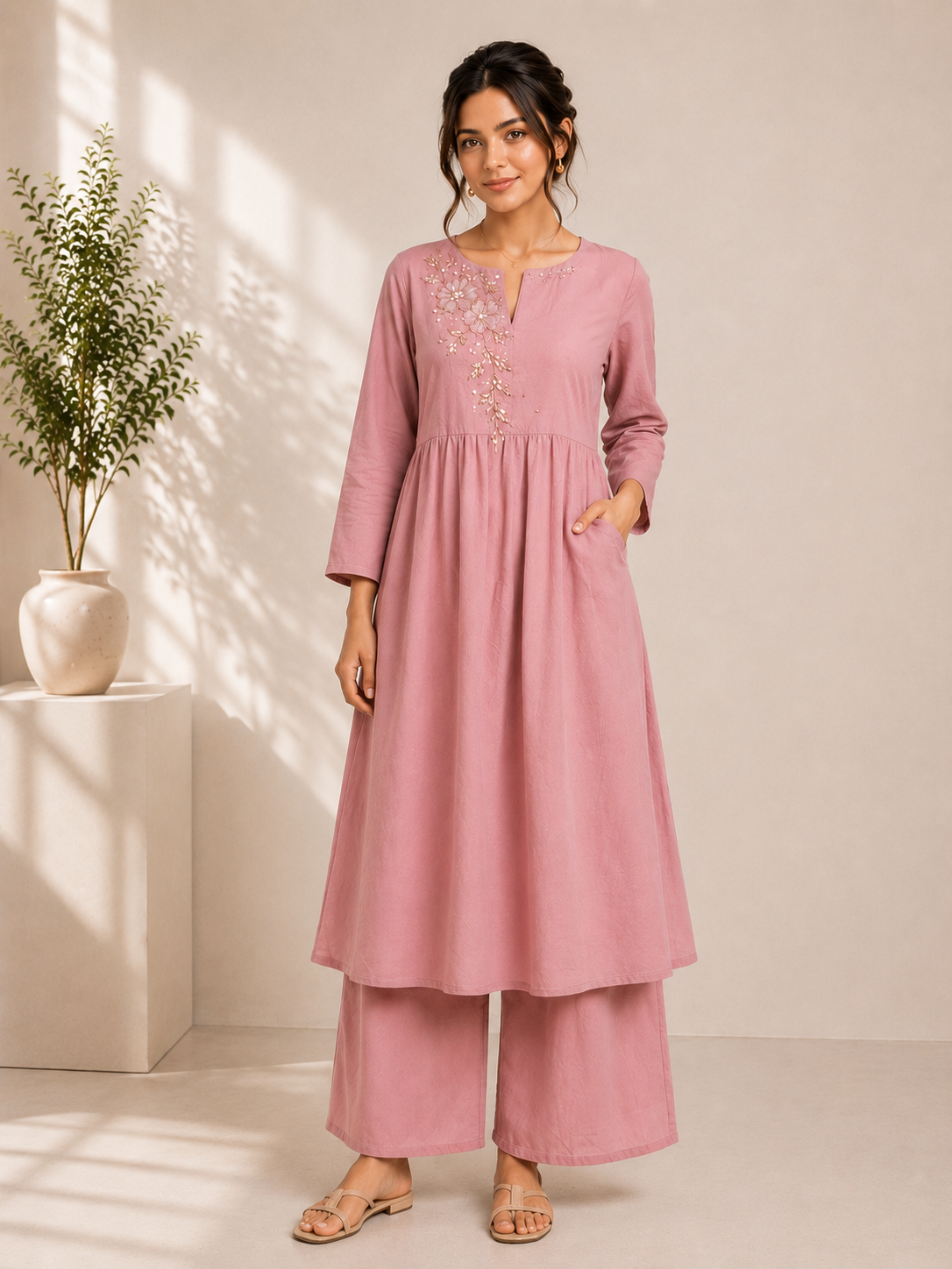 Blush Bloom Embroidered Cotton Kurta & Palazzo Set – Baby Pink