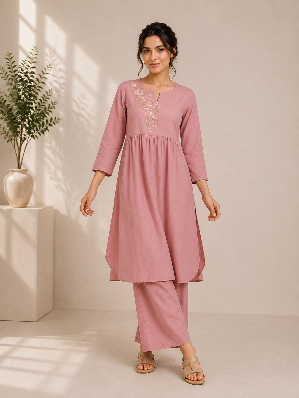 Blush Bloom Embroidered Cotton Kurta & Palazzo Set – Baby Pink