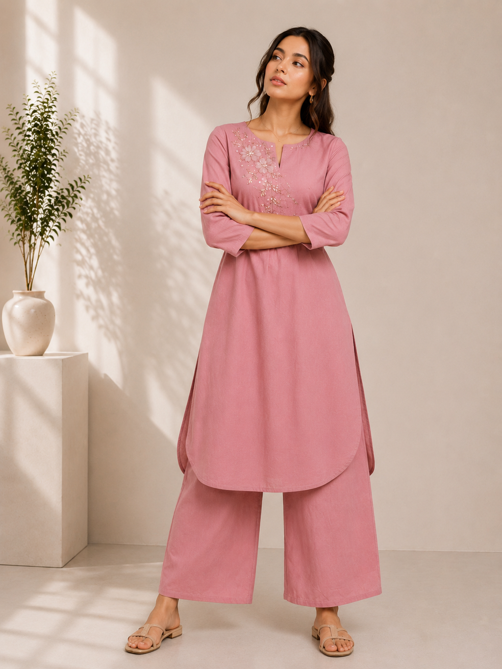 Blush Bloom Embroidered Cotton Kurta & Palazzo Set – Baby Pink