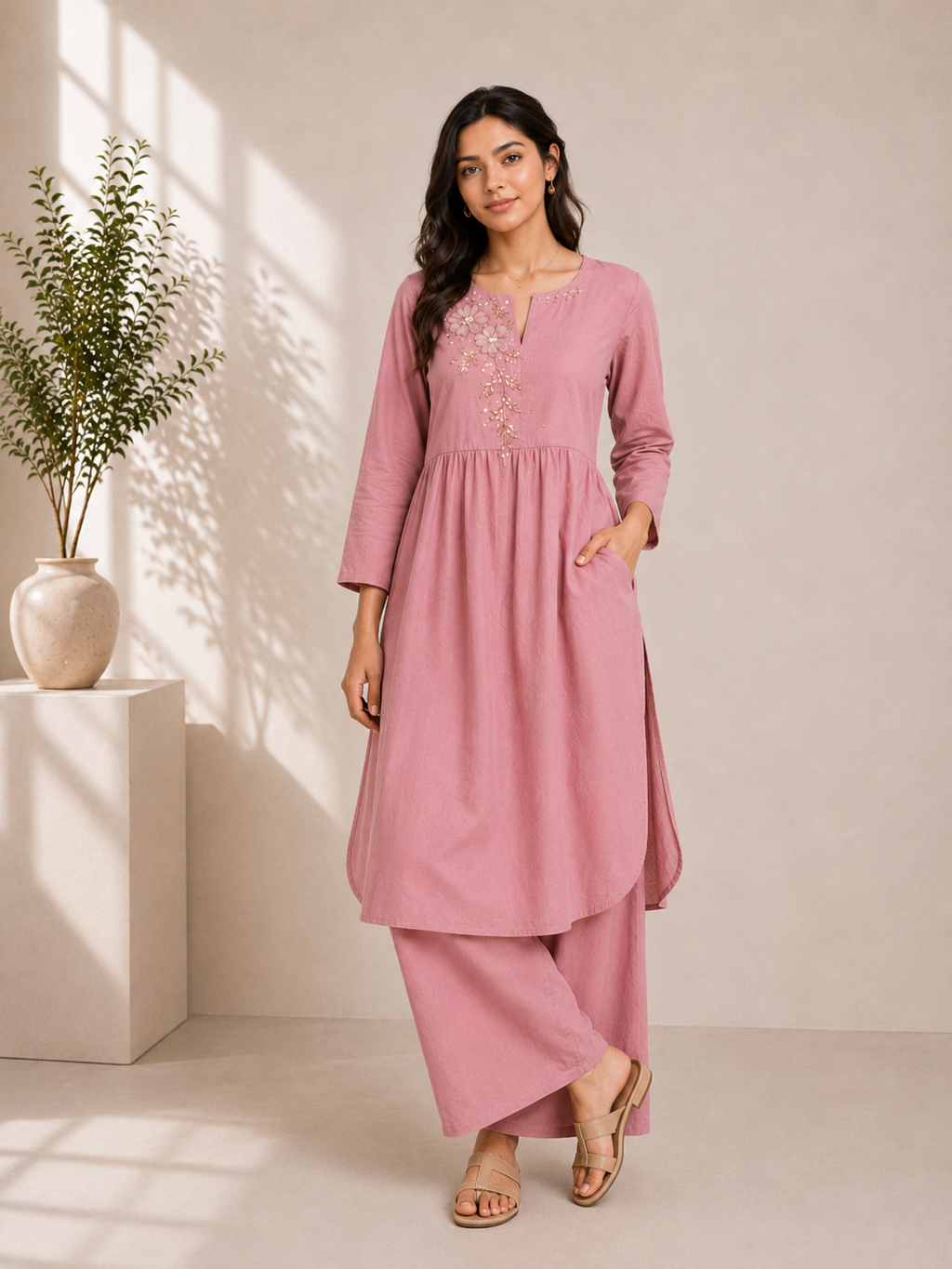 Blush Bloom Embroidered Cotton Kurta & Palazzo Set – Baby Pink