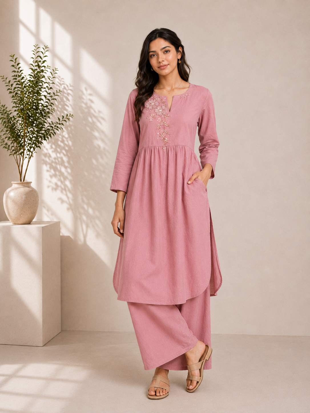 Blush Bloom Embroidered Cotton Kurta & Palazzo Set – Baby Pink
