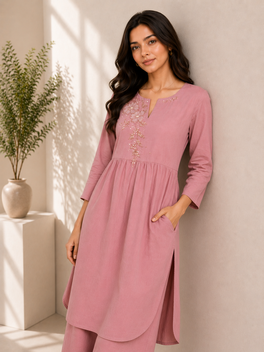 Blush Bloom Embroidered Cotton Kurta & Palazzo Set – Baby Pink