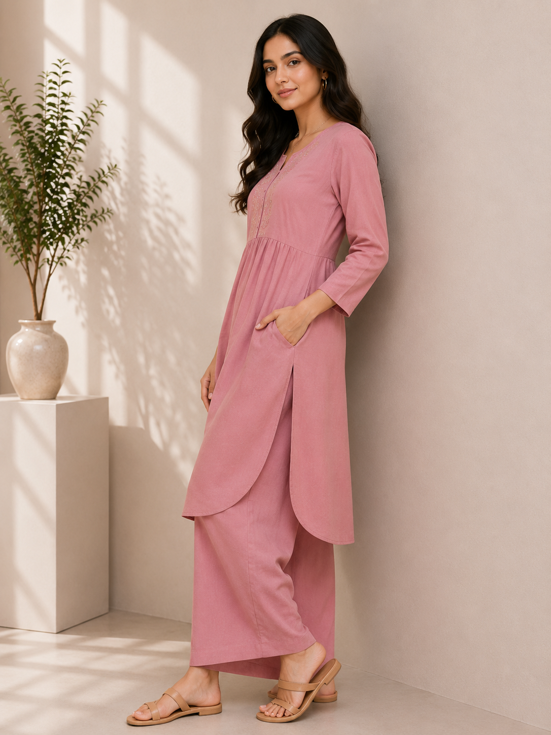 Blush Bloom Embroidered Cotton Kurta & Palazzo Set – Baby Pink