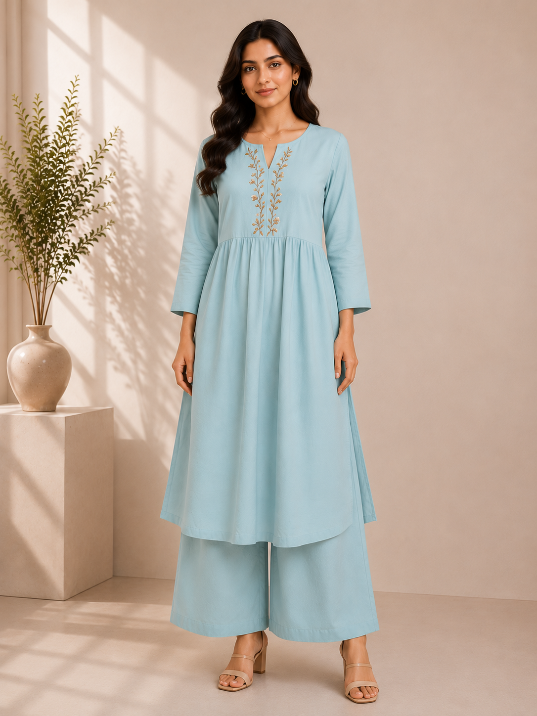 Sky Blue Embroidered Cotton Kurta & Palazzo Set – Floral Elegance