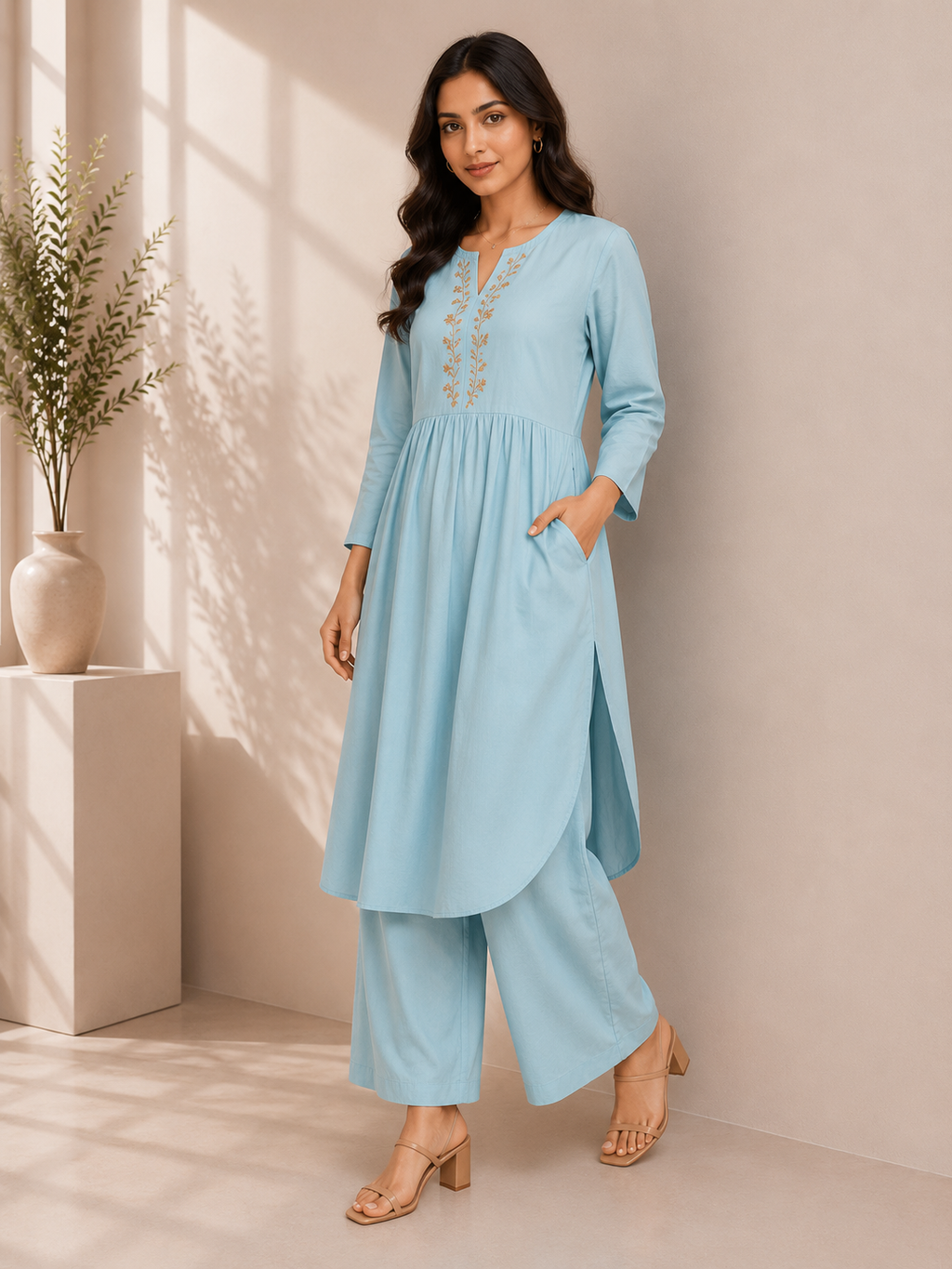 Sky Blue Embroidered Cotton Kurta & Palazzo Set – Floral Elegance
