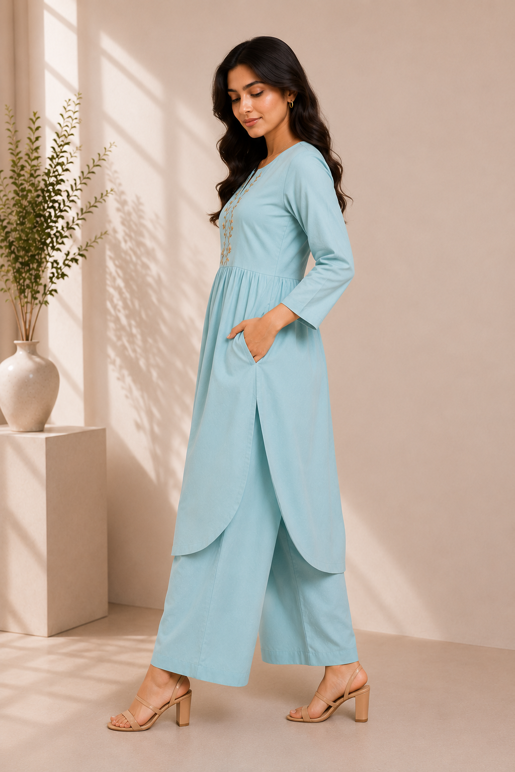 Sky Blue Embroidered Cotton Kurta & Palazzo Set – Floral Elegance