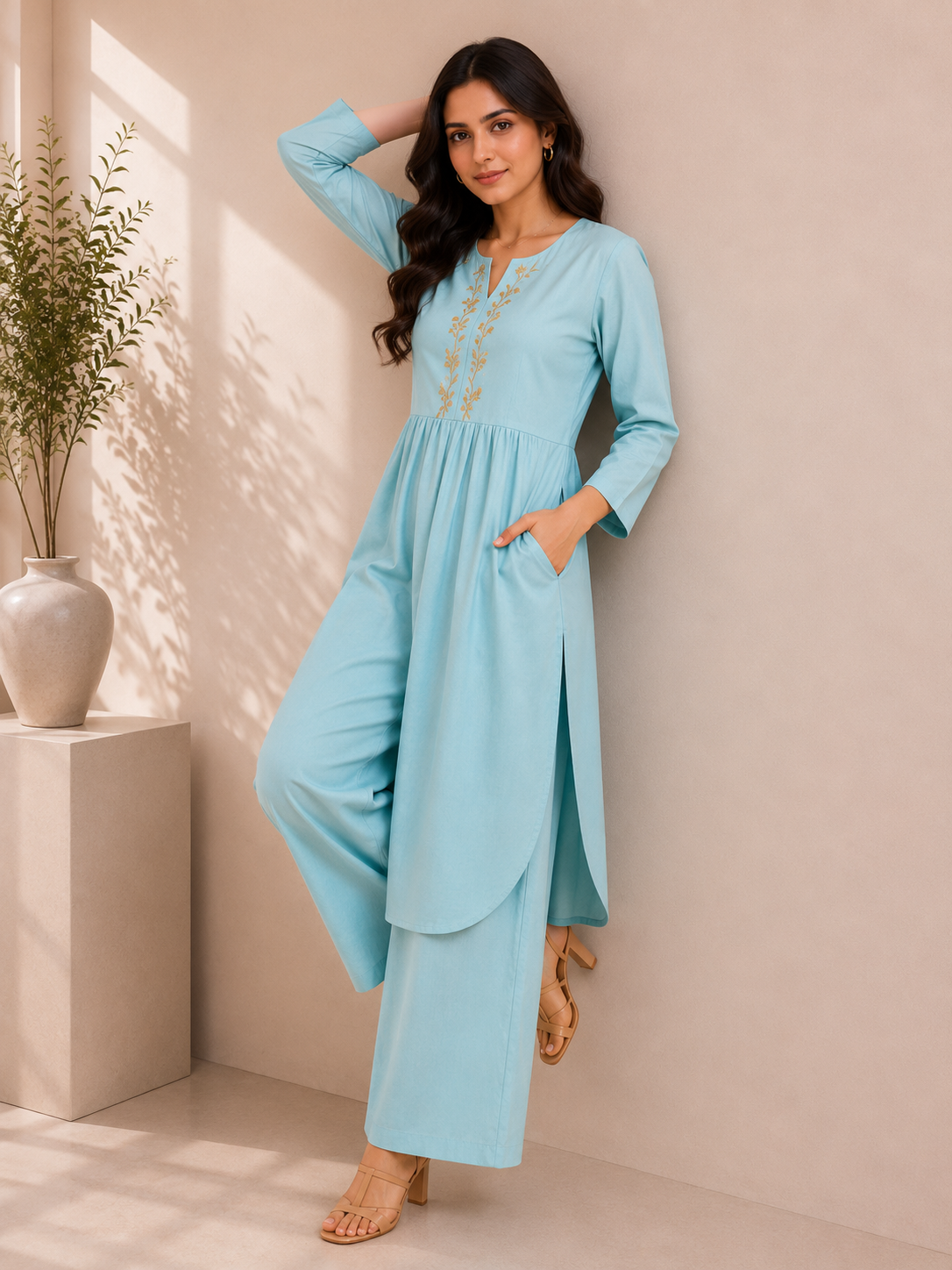 Sky Blue Embroidered Cotton Kurta & Palazzo Set – Floral Elegance