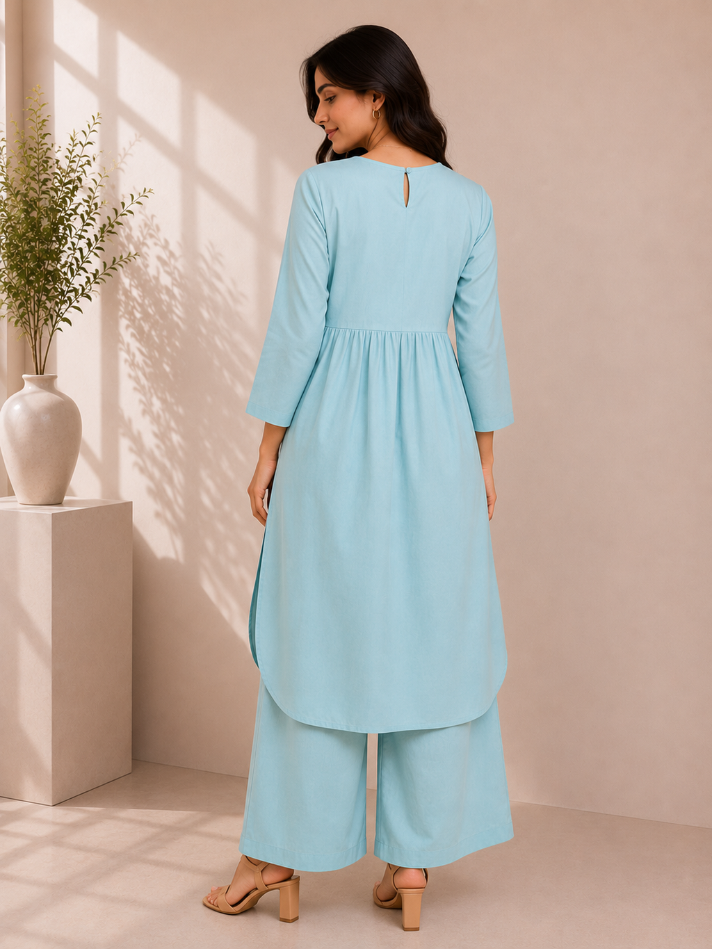 Sky Blue Embroidered Cotton Kurta & Palazzo Set – Floral Elegance