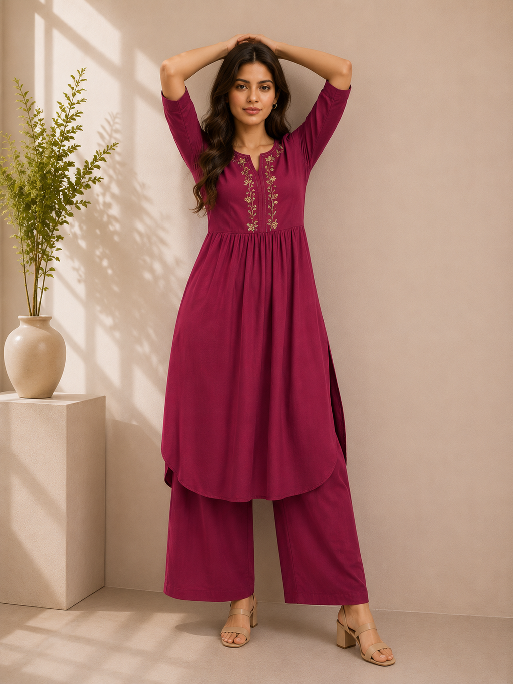 Wine Bloom Embroidered Cotton Kurta & Palazzo Set – Deep Berry