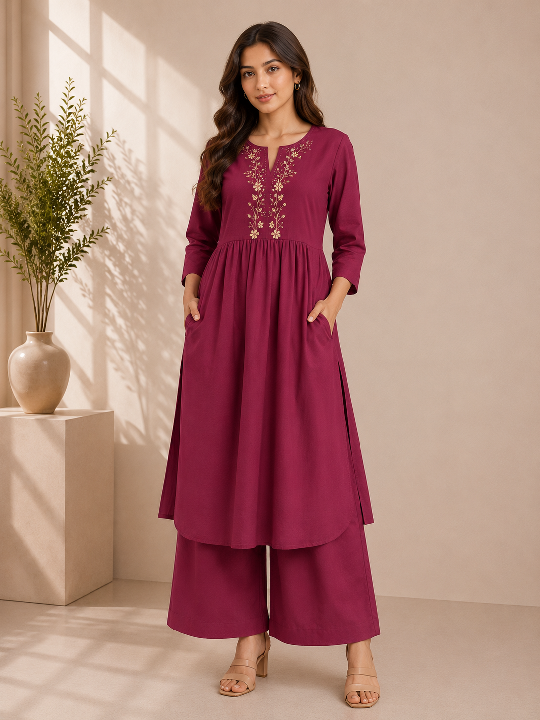 Wine Bloom Embroidered Cotton Kurta & Palazzo Set – Deep Berry