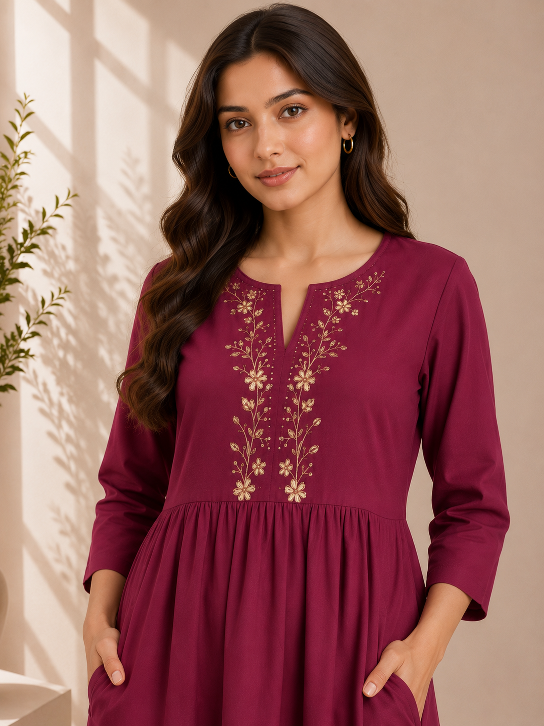 Wine Bloom Embroidered Cotton Kurta & Palazzo Set – Deep Berry
