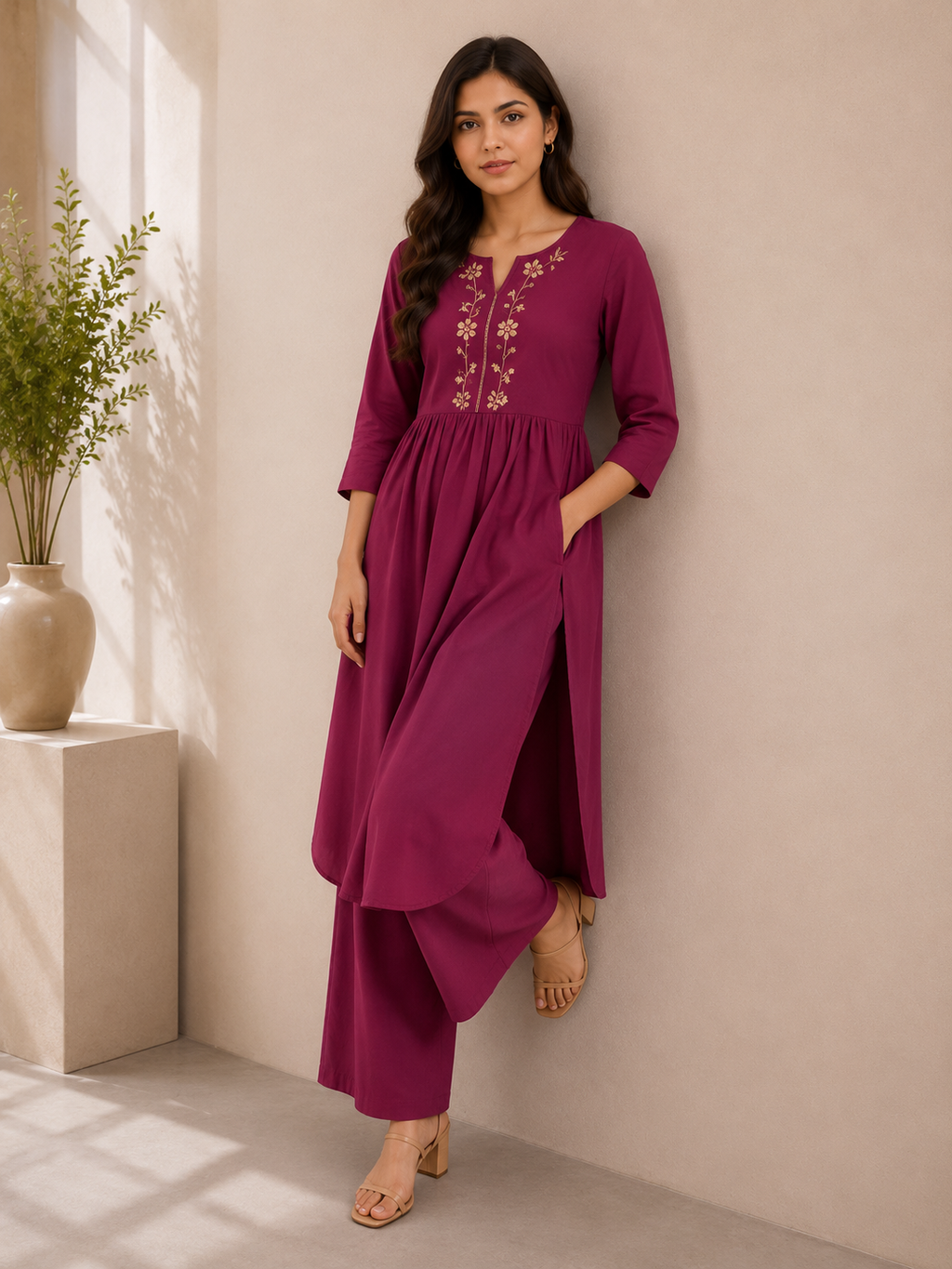 Wine Bloom Embroidered Cotton Kurta & Palazzo Set – Deep Berry