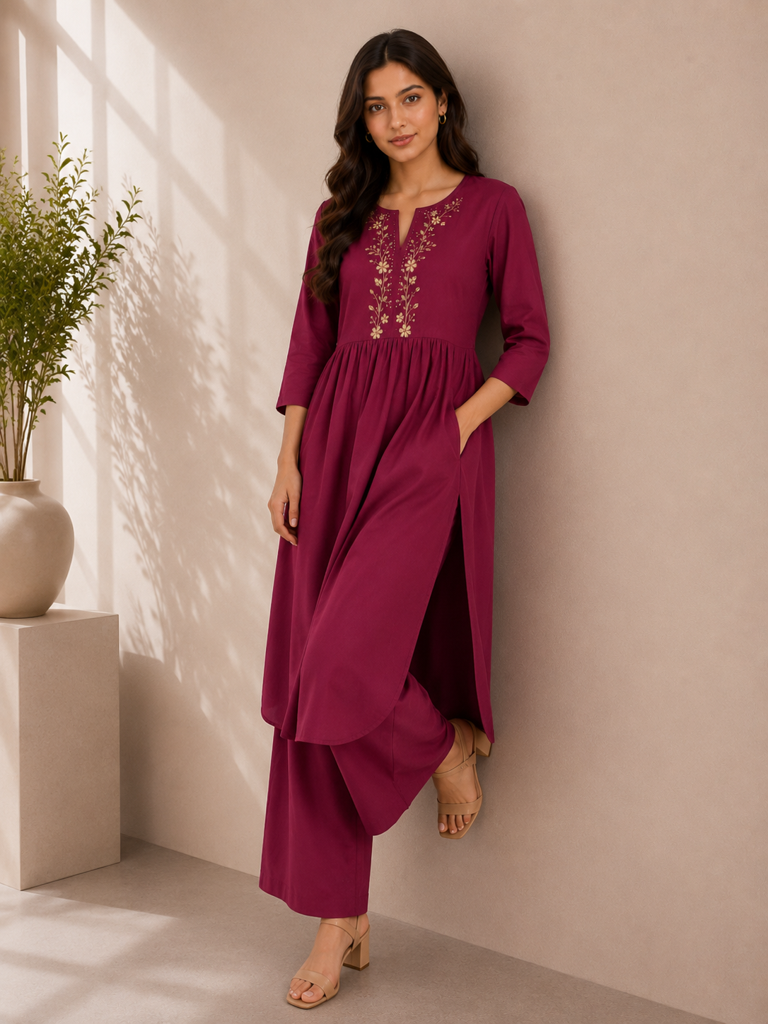 Wine Bloom Embroidered Cotton Kurta & Palazzo Set – Deep Berry