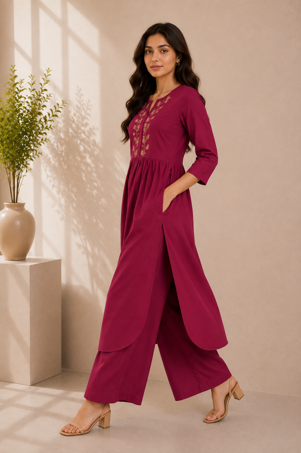 Wine Bloom Embroidered Cotton Kurta & Palazzo Set – Deep Berry
