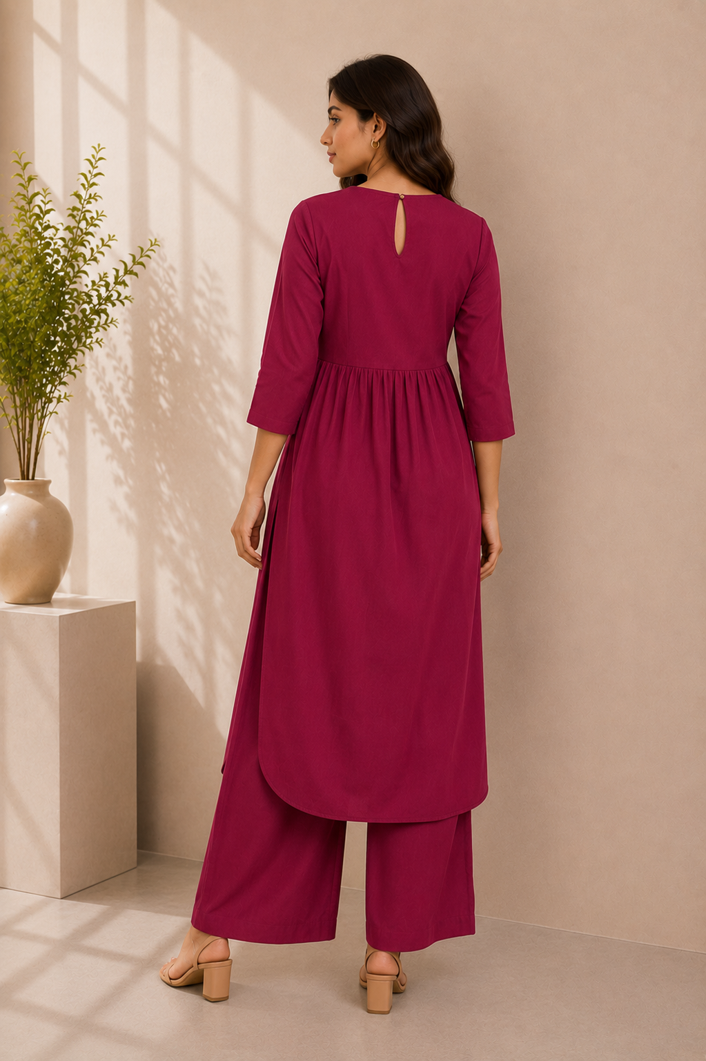 Wine Bloom Embroidered Cotton Kurta & Palazzo Set – Deep Berry